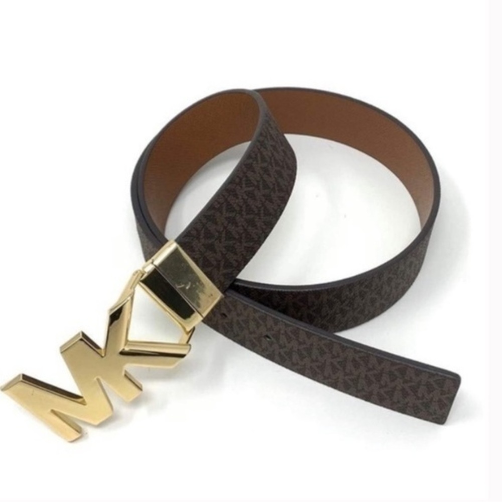 Michael Kors Brown Twist Reversible Gold MK Logo Buckle Belt